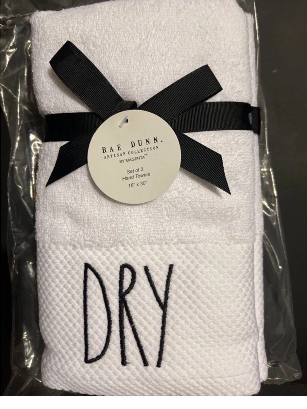 Rae Dunn  DRY Hand Towels White Set Of 2 Cotton 16" x 30" Large Letter Farmhouse